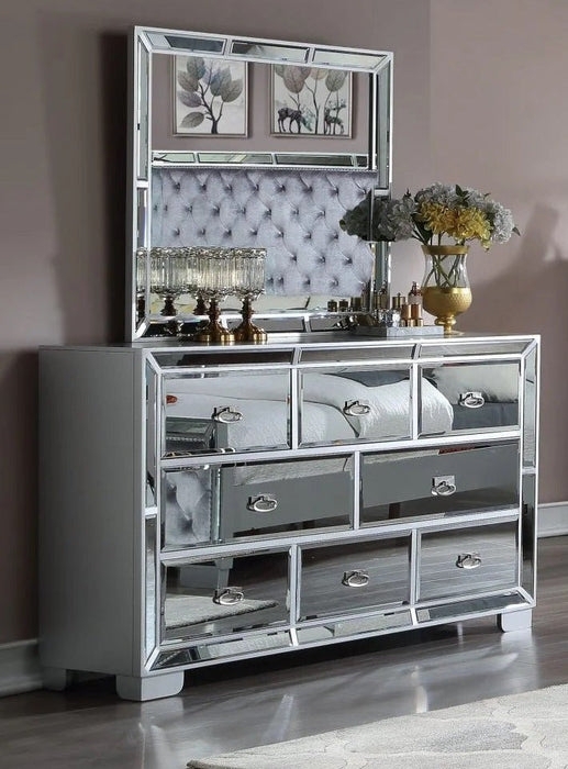 Mirrored Dresser with Seven Drawer Configuration and Bevels