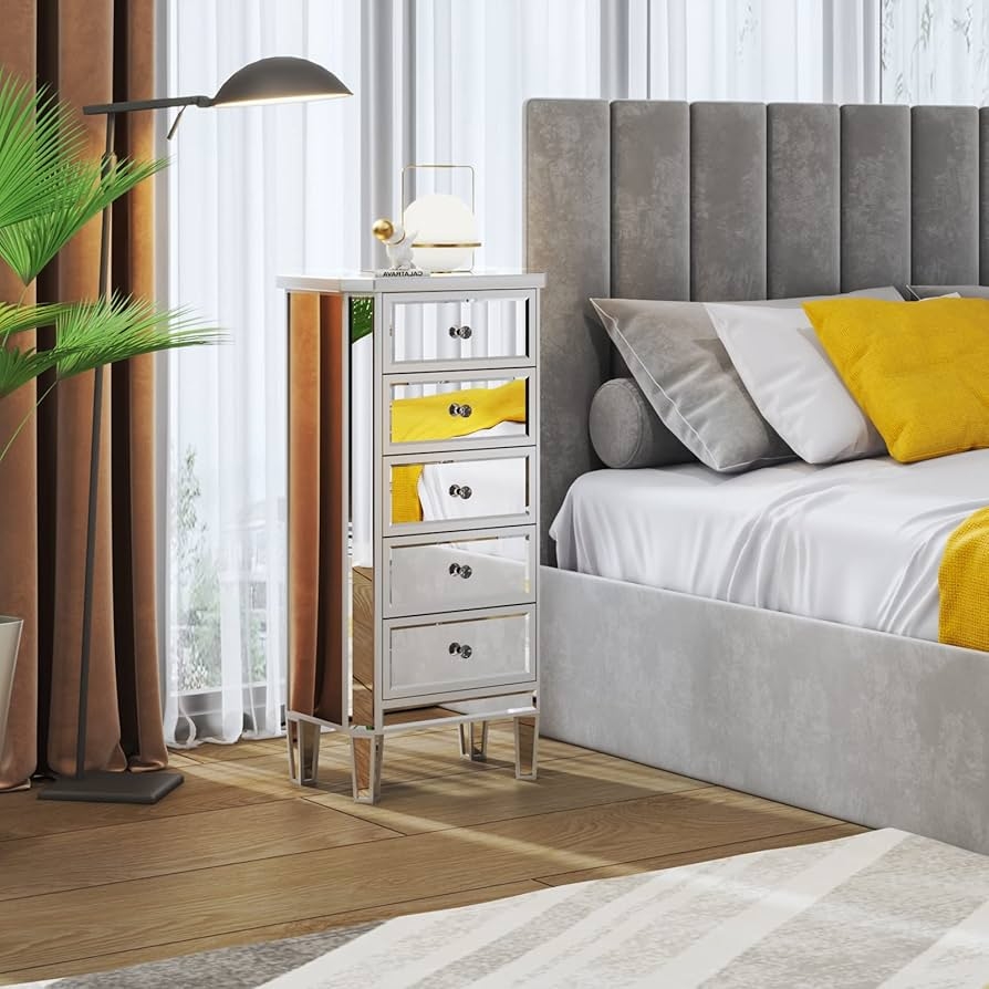 Mirrored Dresser with Slim Profile and Silver Five Drawer Chest