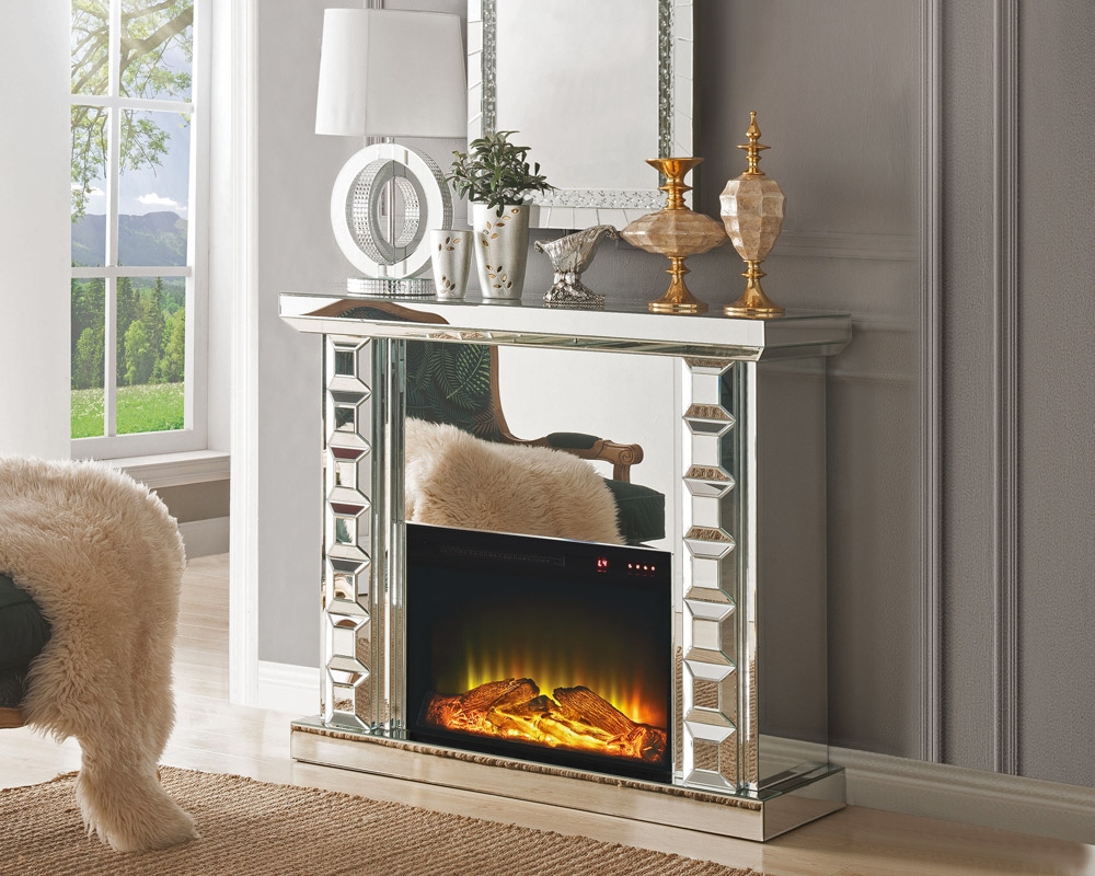 Mirrored Fireplace with Faceted Pillars and Beveled Edges
