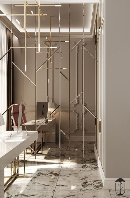 Mirrored Wall Panel: Geometric Lattice Gold Office Paneling