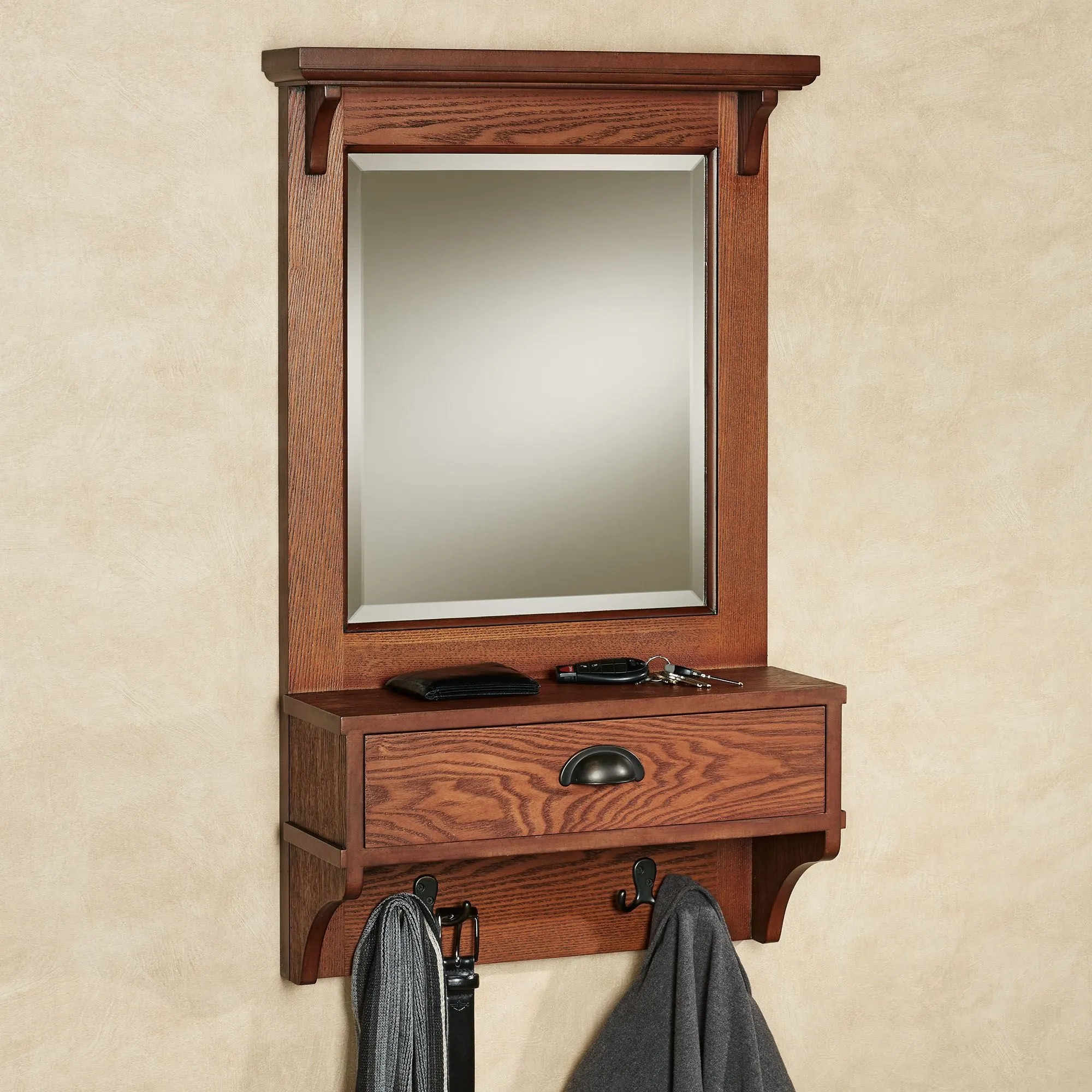 Mirrored Wall Shelf: Mission Red Oak, Beveled Glass Drawer