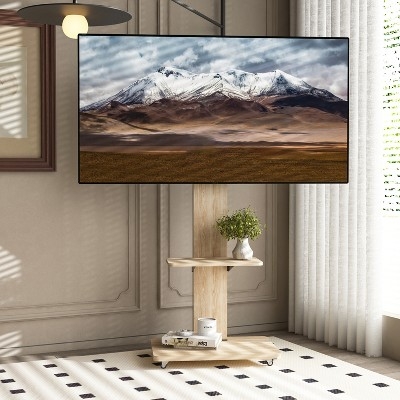 Mobile TV Stand Light Oak Caster Wheels Media Cart