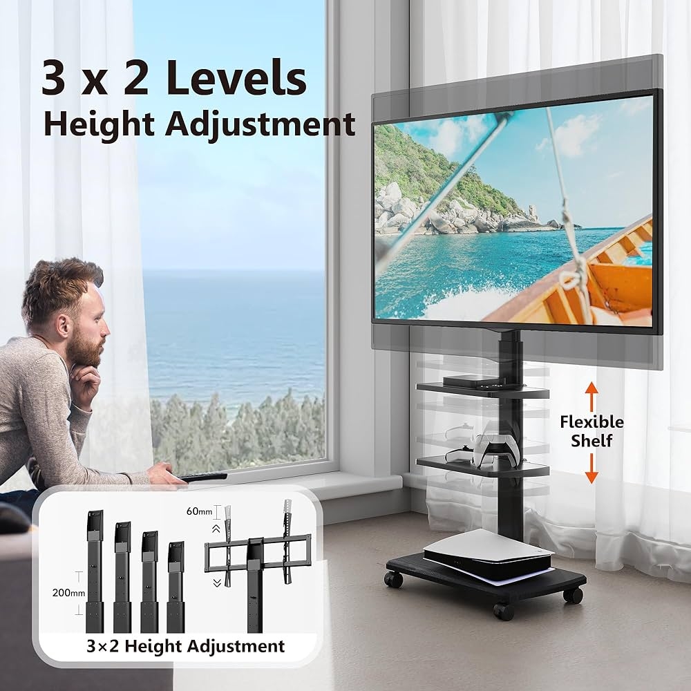 Mobile TV Stand Matte Adjust 3x2 Height Level Cart