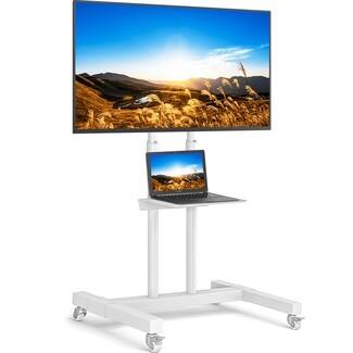 Mobile TV Stand White Matte Dual Pillar Media Shelf