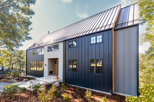 Modern Farmhouse Exterior mixed media black board and batten siding.