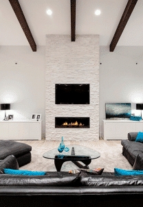 Modern Fireplace Tall Stone Cladding Dark Beams Decor