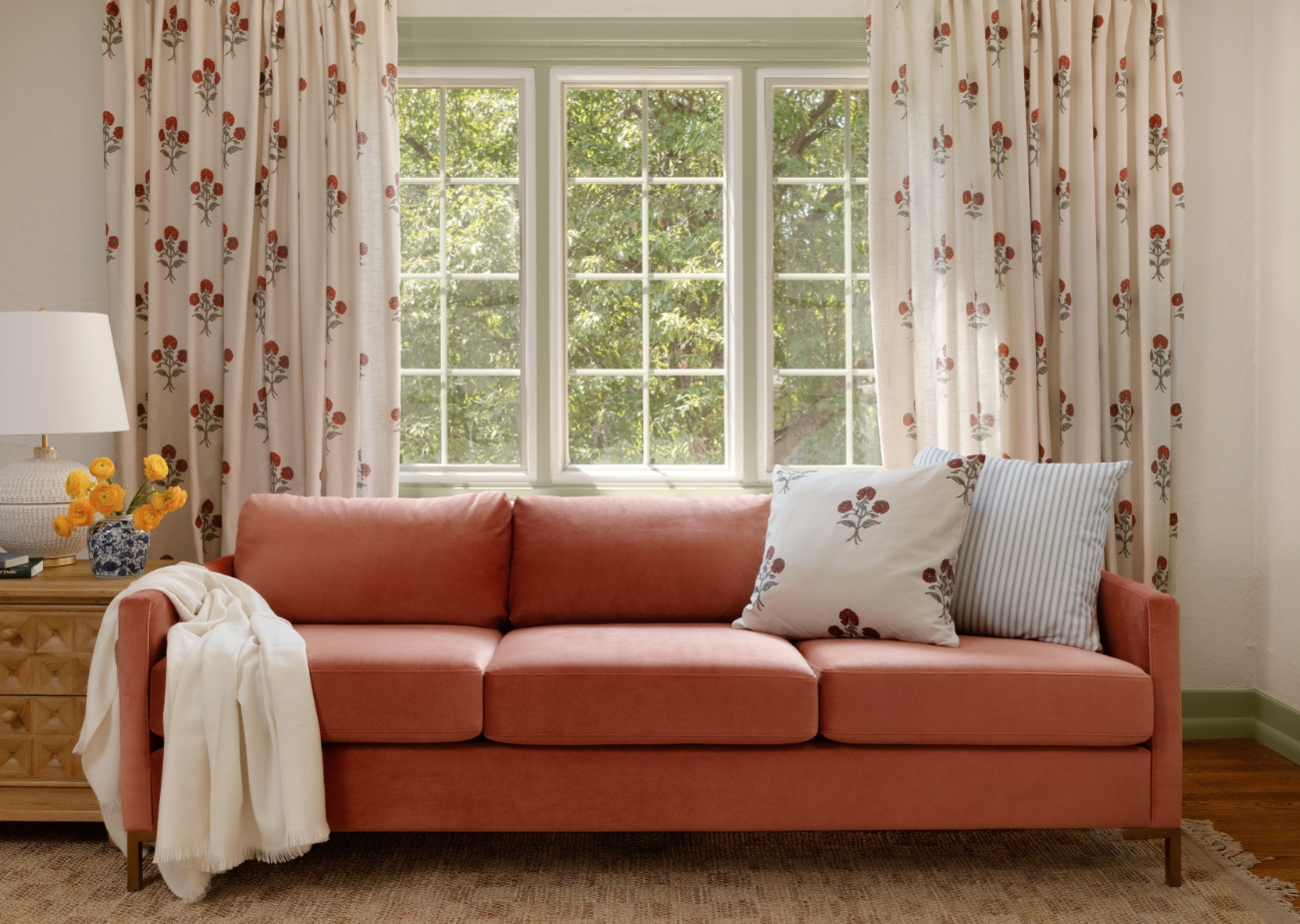 Modern Sofa: Slim Brass Legs with Terracotta Velvet Finish