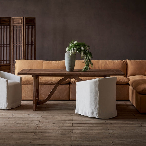 Modular Banquette Seating with Curved Trestle Base Wood Dining Table
