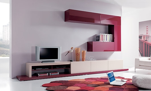 Modular Entertainment Center: Burgundy Gloss Finish Wall Storage