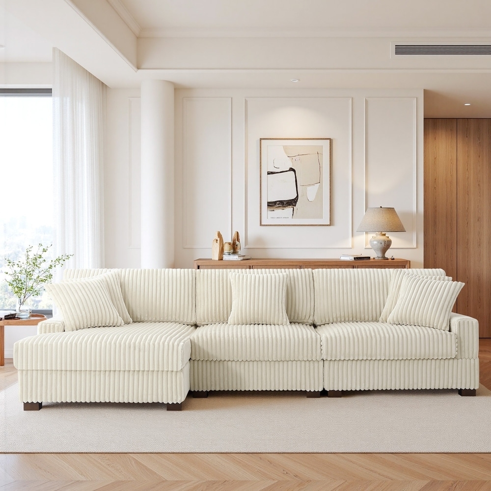 Modular Sectional: Ribbed Cream Modular Sofa Channeled