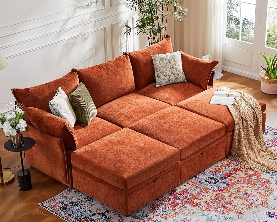 Modular Sectional: Storage Chaises in Terracotta Chenille
