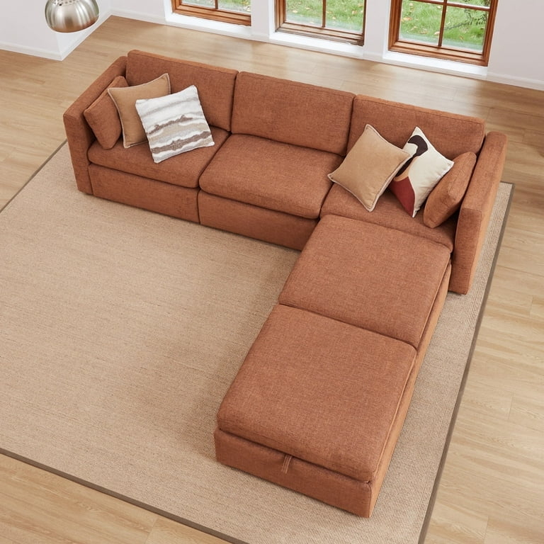 Modular Sectional: Terracotta Fabric and Block Arm Design