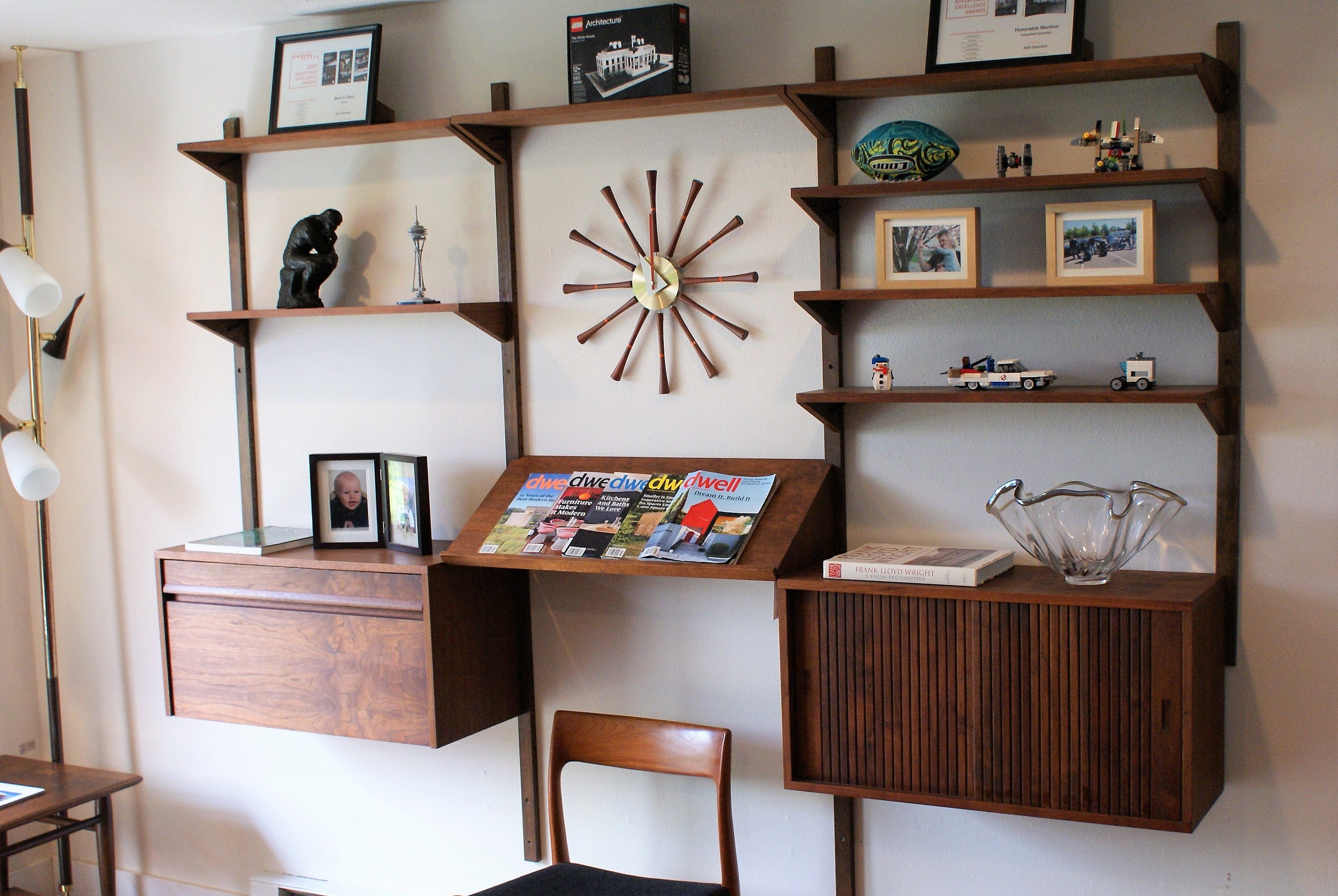 Modular Shelving Unit Slanted Magazine Rack Walnut Wall Unit