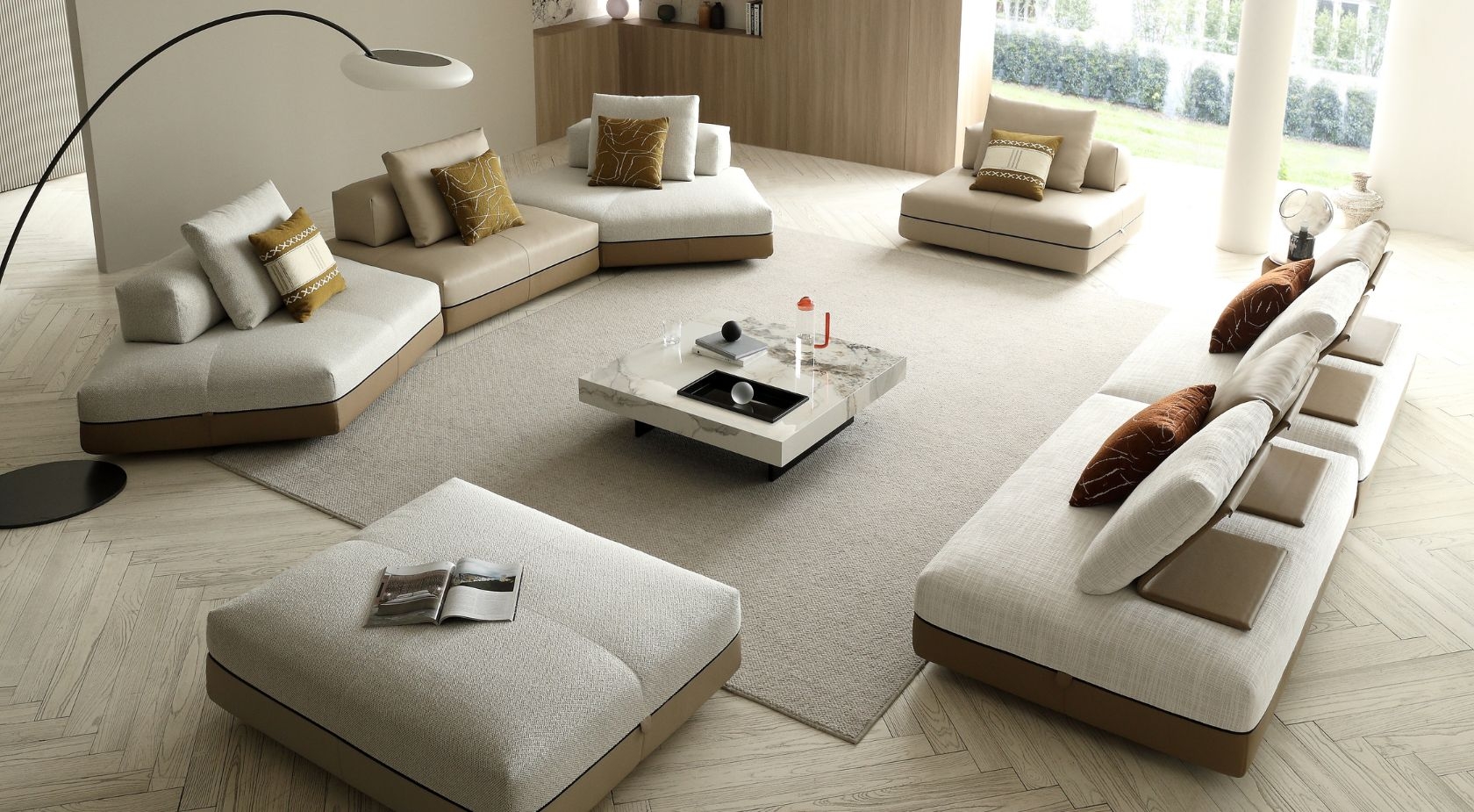 Modular Sofa Angled Configuration Leather Trimmed Base