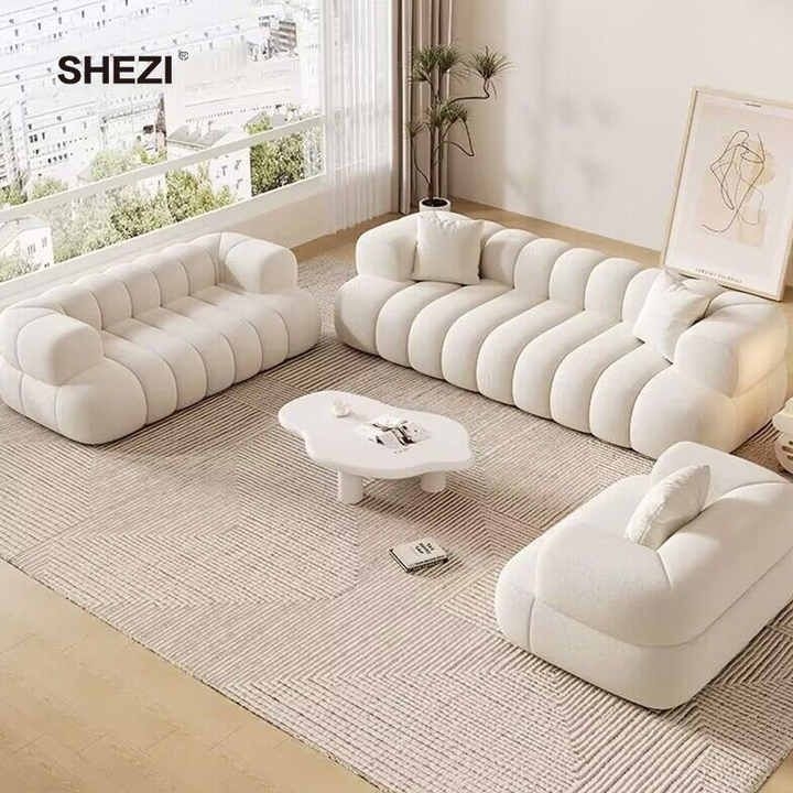 Modular Sofa: Channel Tufted Low Profile Cream Sectional Set