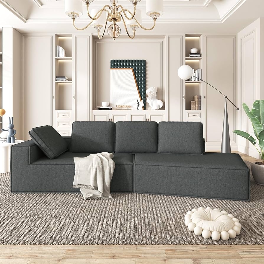 Modular Sofa: Charcoal Fabric Blocky Silhouette 3-Seater Lounge