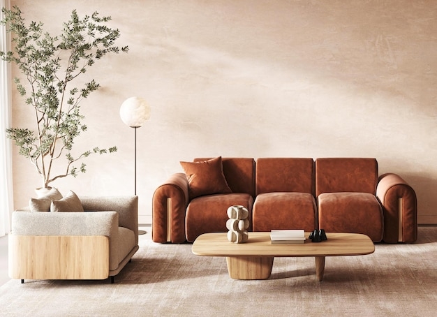 Modular Sofa: Organic Wood Coffee Table and Cylindrical Arms