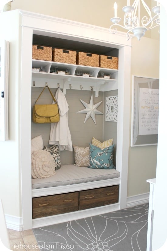 Mudroom Bench Nook with Rope Handle Drawers Storage