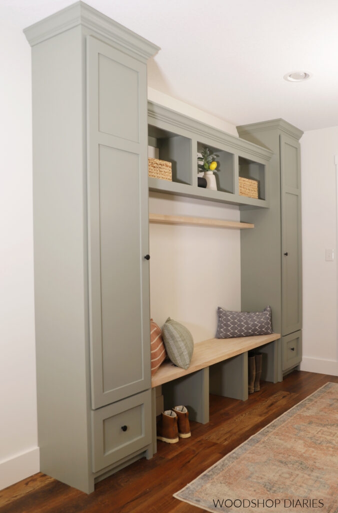 Mudroom Bench Unit: Sage Green Finish with Light Wood Accents