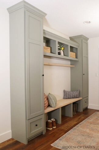 Mudroom Bench Unit: Sage Green Finish with Light Wood Accents
