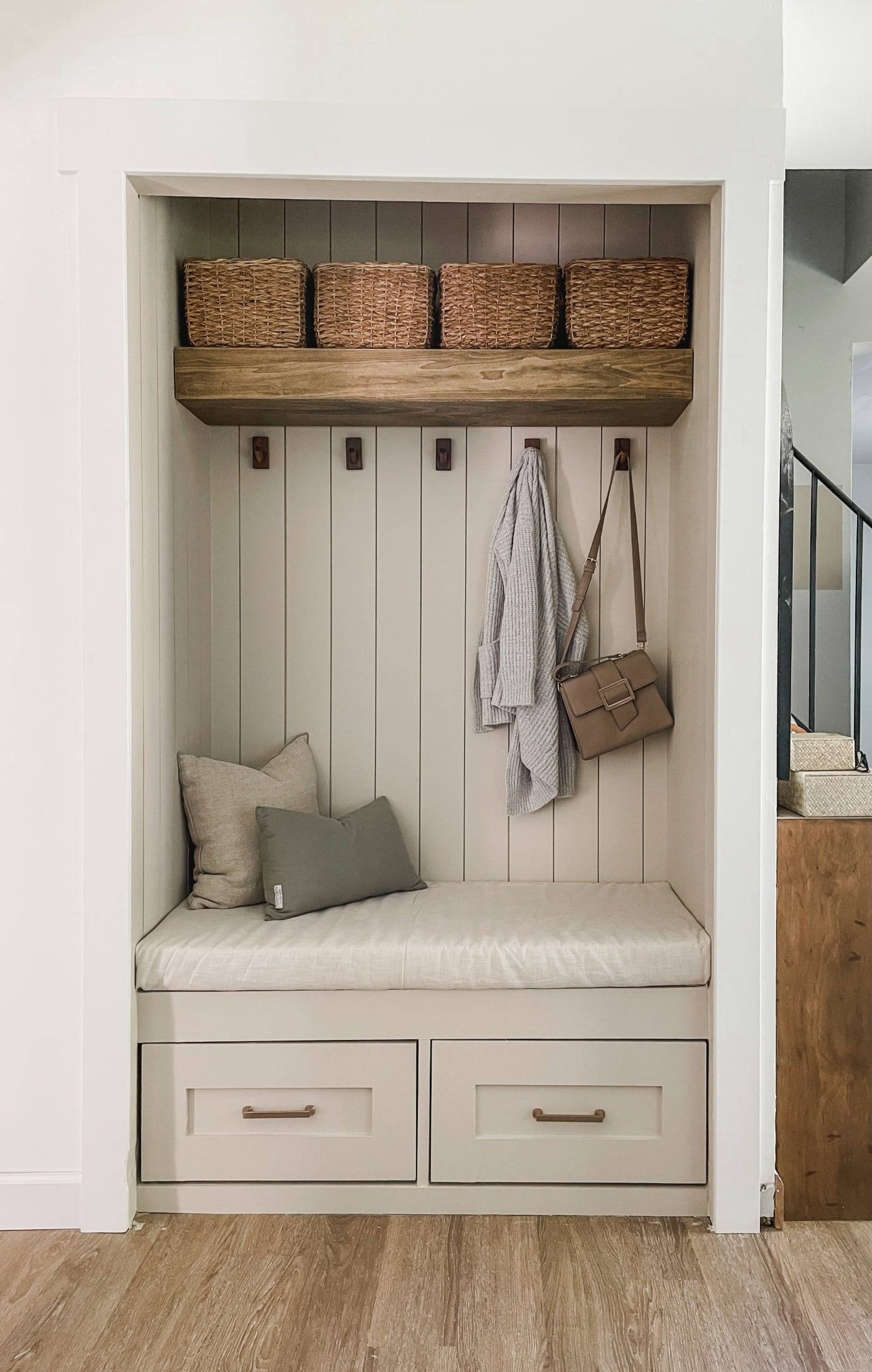 Mudroom Bench with Chunky Floating Shelf Entryway Nook