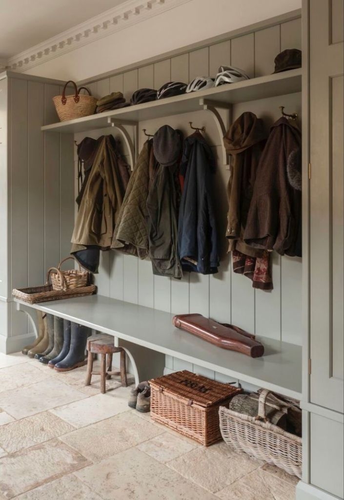 Mudroom Bench with Sage Green Paneling Cottage Design