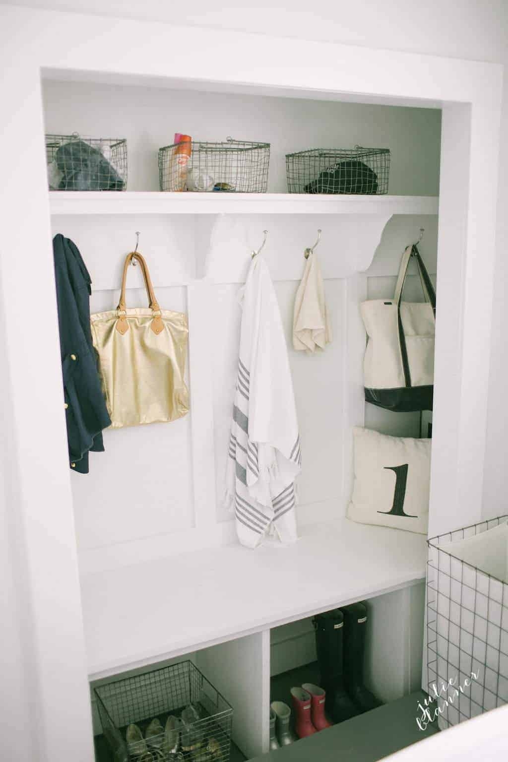 Mudroom Bench with Wire Baskets and Board and Batten