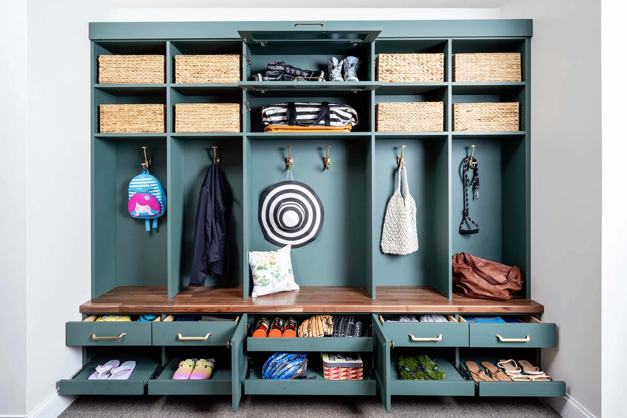 Mudroom Built In Featuring Pull Out Shoe Drawers Teal