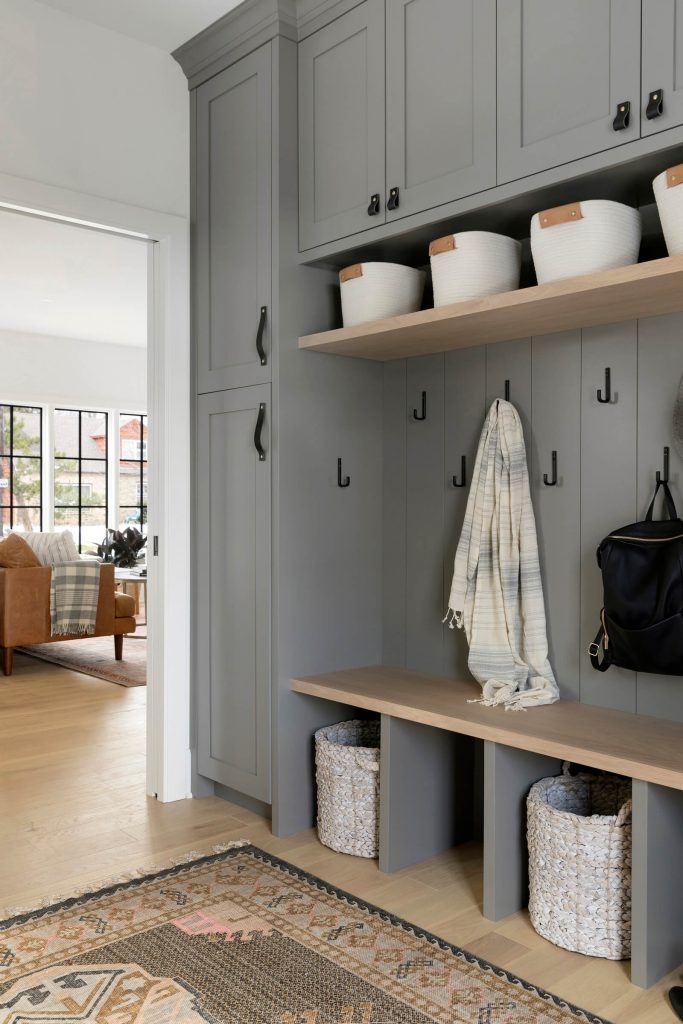 Mudroom Built-In: Vertical Shiplap Backing with Shaker Cabinets