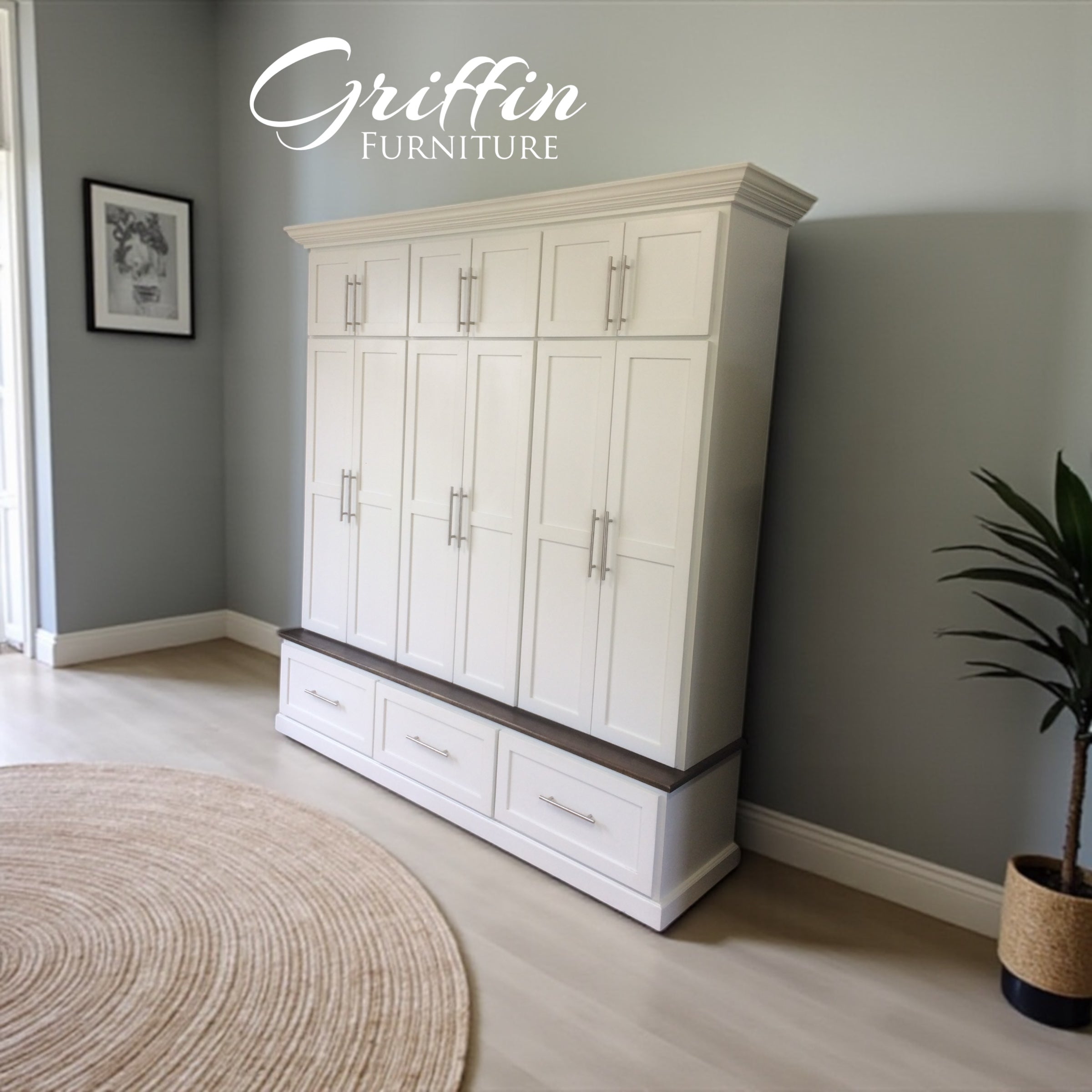 Mudroom Cabinet Off-White Shaker Doors Vertical Lockers Bench