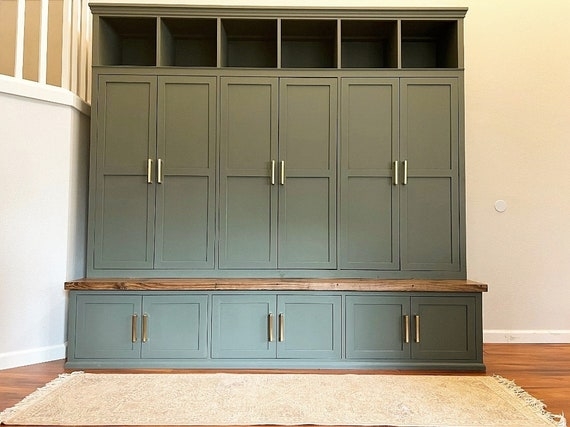 Mudroom Cabinet Sage Green Brass Hardware Integrated Wood Bench