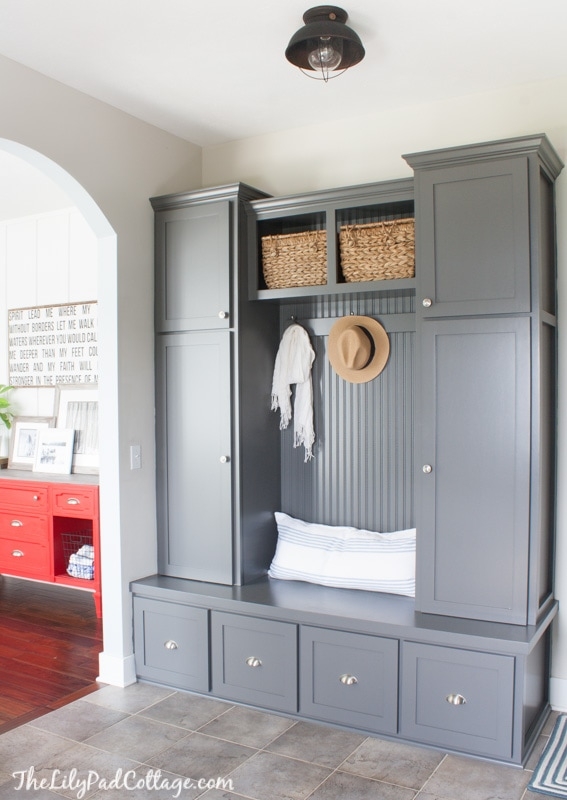 Mudroom Cabinetry: Charcoal Gray Paint and Beadboard Backing