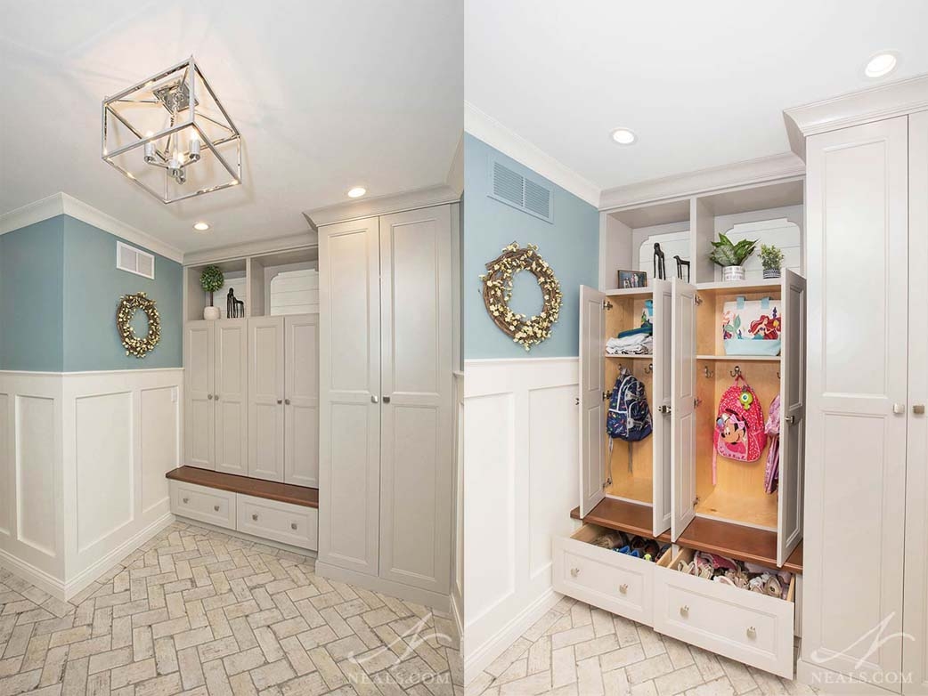 Mudroom Cabinetry: Dual Zone Lockers with Herringbone Pattern