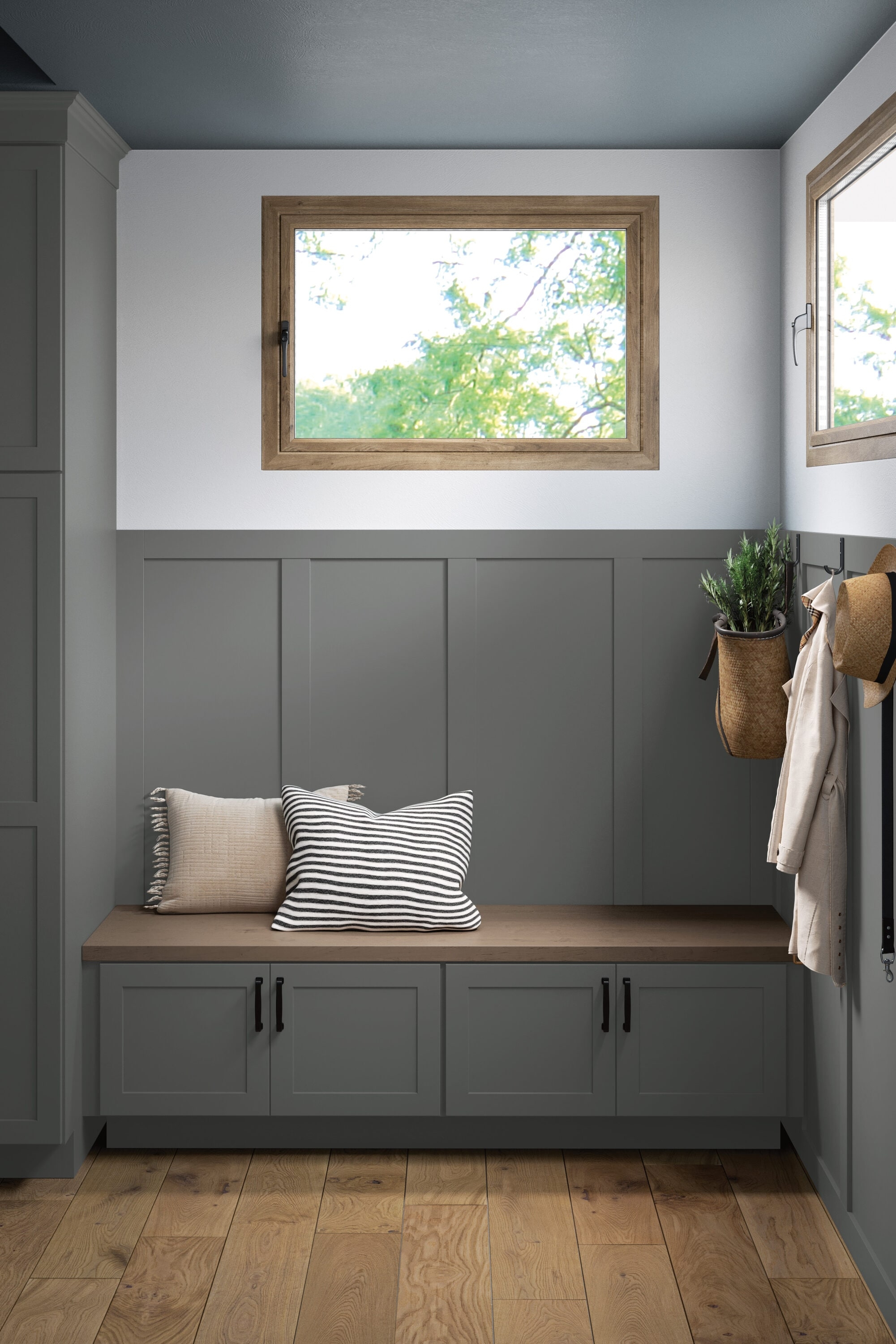 Mudroom Cabinetry: Moonstone Grey Board and Batten Walls