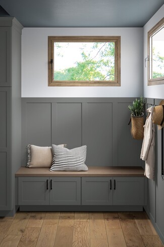 Mudroom Cabinetry: Moonstone Grey Board and Batten Walls