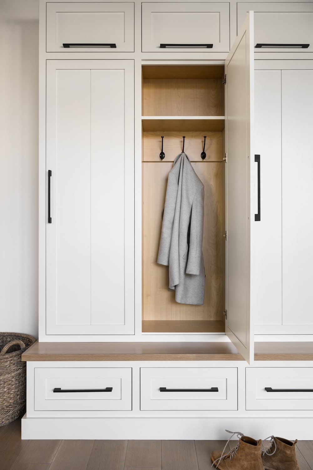 Mudroom Cabinetry Off-White Wood Toned Interior Shaker Doors