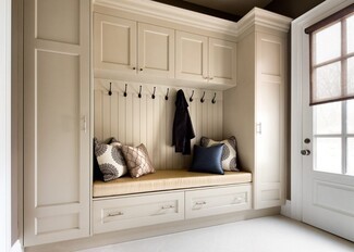 Mudroom Cabinetry: Oversized Crown Molding and Built-In Bench