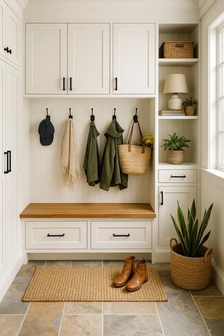 Mudroom Cabinetry: Shaker Style RTA Units with Wood Toned Bench