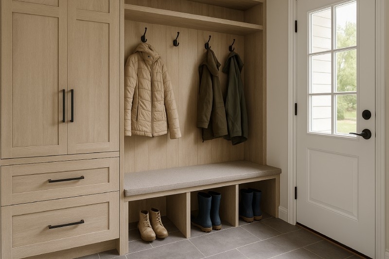 Mudroom Cabinets: Blonde Wood Finish and Shaker Style Drawers