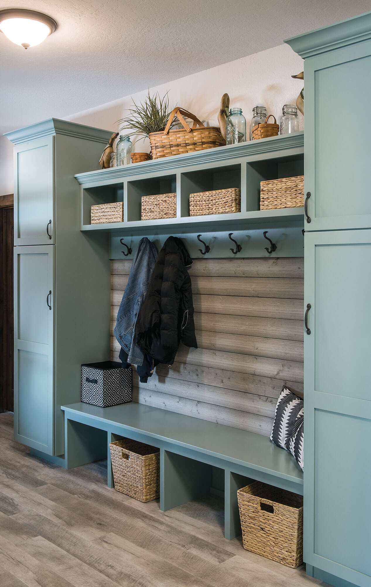 Mudroom Cabinets: Shaker Lockers with Muted Sage Green Finish