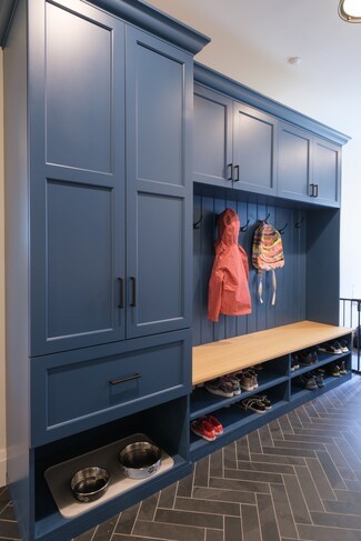 Mudroom Cabinets: Slate Blue Finish and Integrated Pet Station