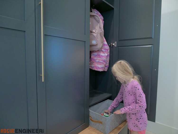 Mudroom Locker Slate Blue Shaker Door Long Gold Pulls Unit