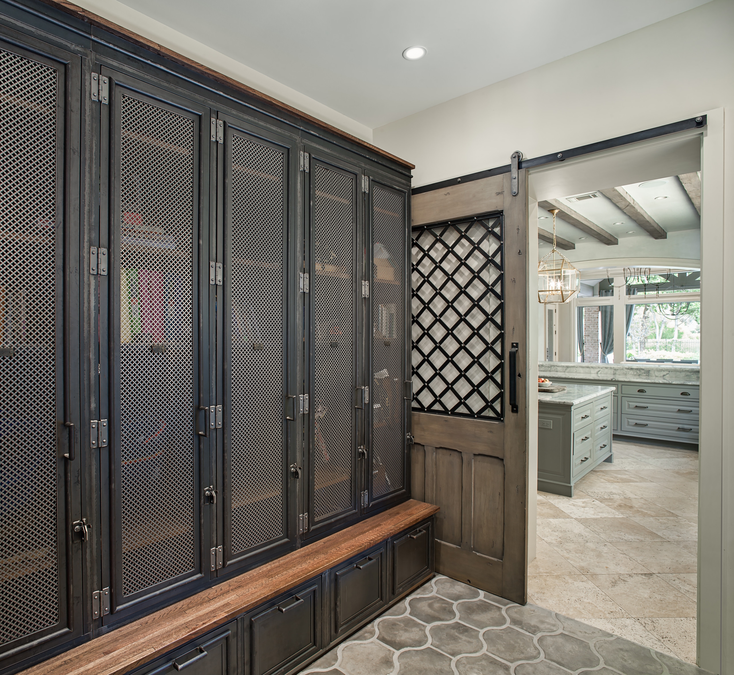 Mudroom Lockers Charcoal Grey Sliding Barn Door Storage Bench