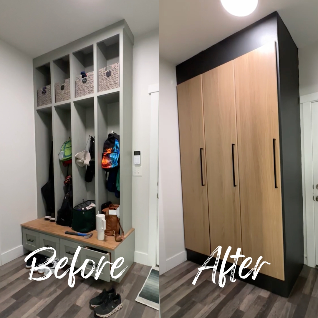 Mudroom Lockers Matte Black Wood Grain Panels Floor To Ceiling