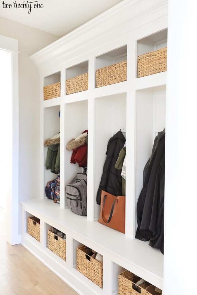 Mudroom Lockers White Four Bay Design Woven Basket Storage