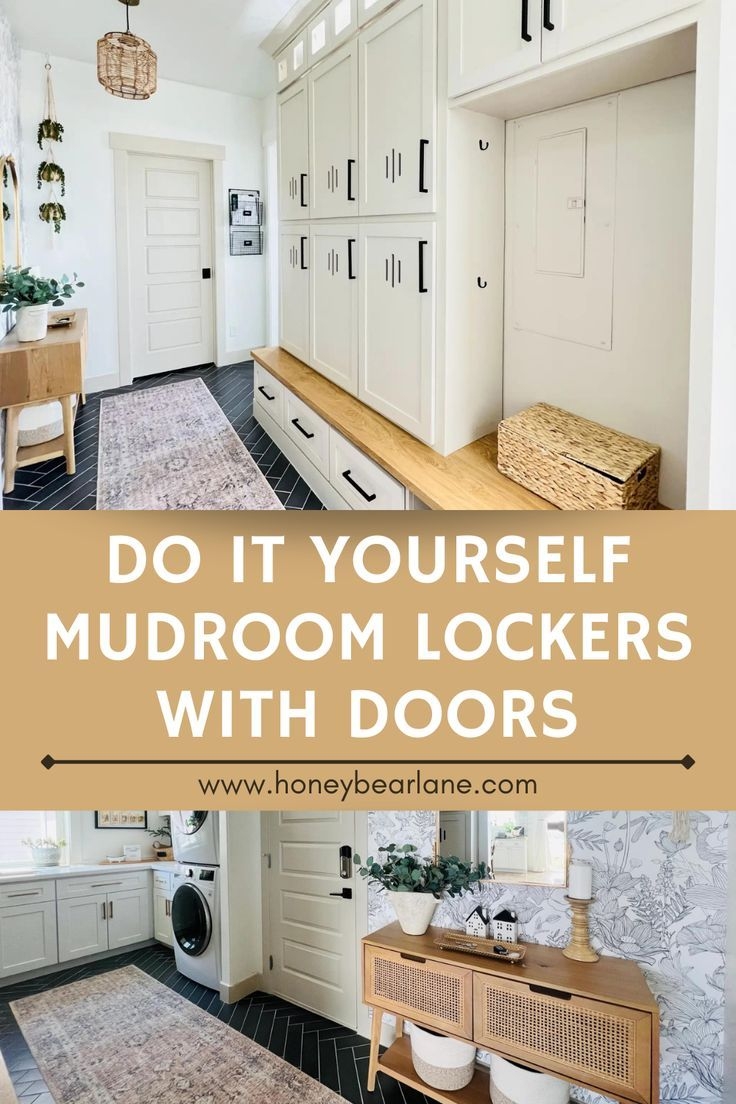 Mudroom Lockers White Vented Doors Herringbone Tile Entry