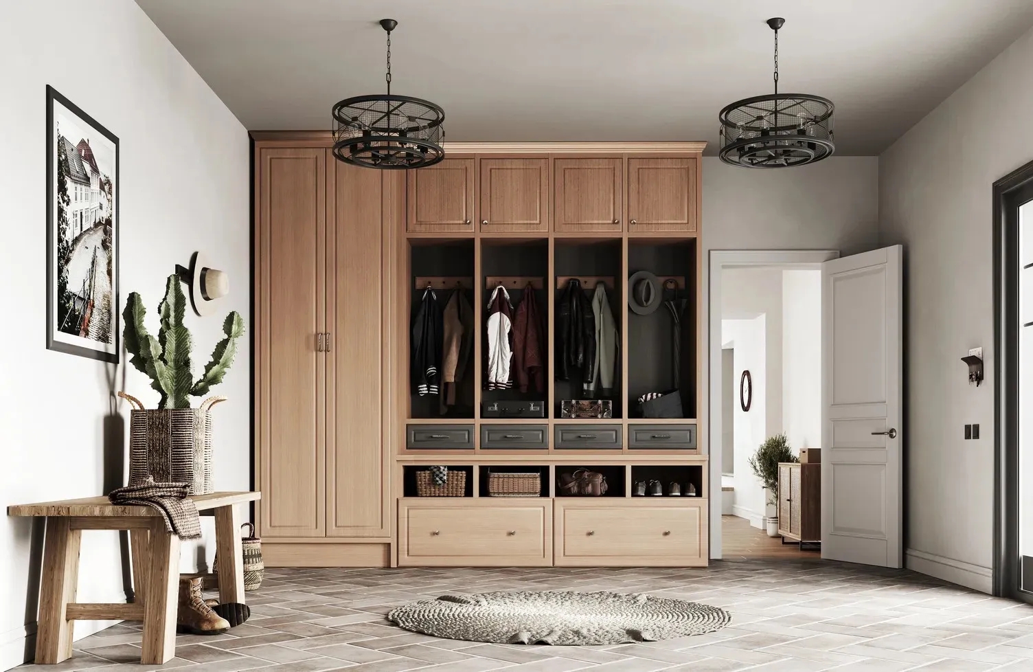 Mudroom Storage with Dual Wagon Wheel Chandeliers