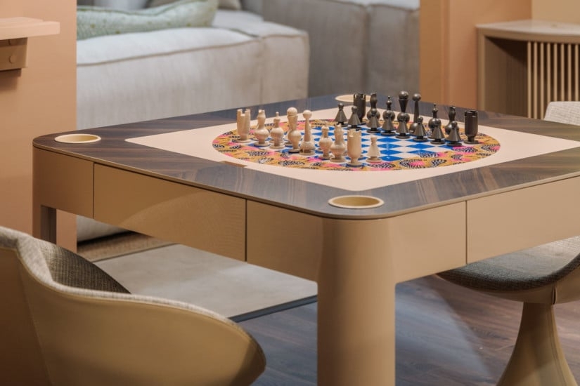 Multigame Table Circular Multigame Insert and Chevron Wood Border