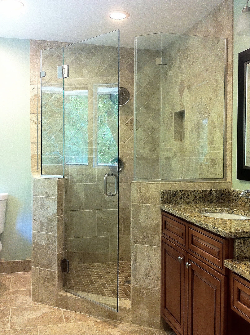 Neo Angle Shower design and stone look shower tile