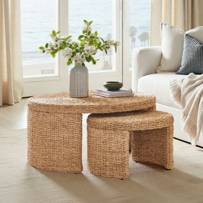 Nesting Coffee Table: Coastal Nesting Tables with Chunky Weave